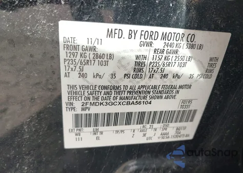2012 Ford Edge Se from USA, damaged, VIN 2FMDK3GCXCBA56104